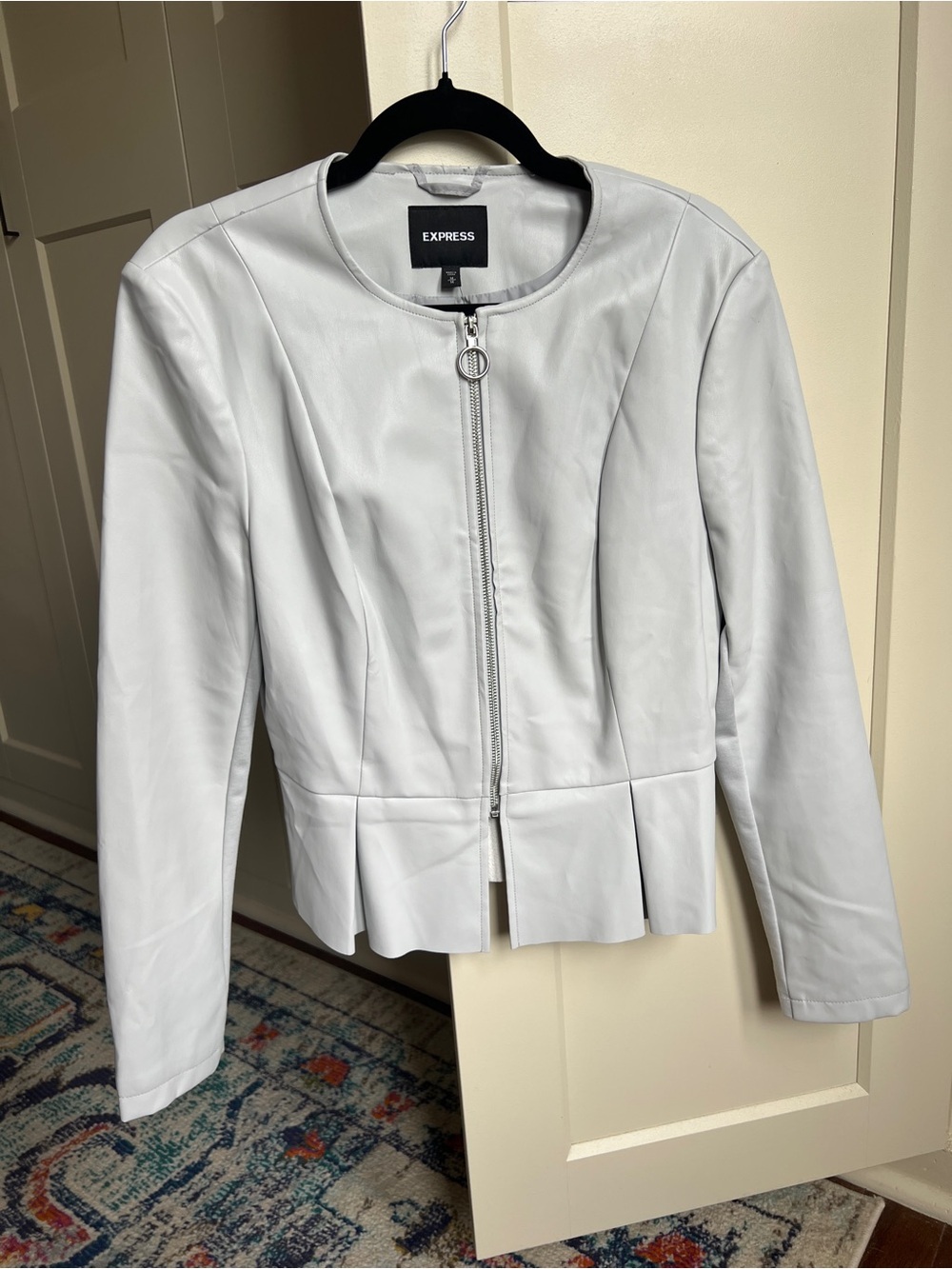 Express Faux Leather Peplum Collarless Moto Jacket gray size medium nwt